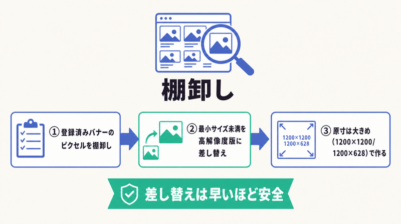 登録済みバナーの棚卸し・最小サイズ未満の差し替え・大きめ原寸での作成という既存バナーの確認手順を示すフロー図