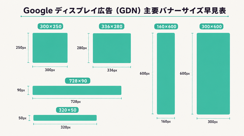 GDNの主要バナーサイズ(300×250・728×90・160×600ほか)を実寸比で並べた早見ビジュアル