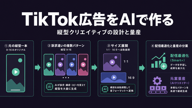 TikTok広告をAIで作る流れを、縦型の元の一本から複数パターンへ展開するフロー図で示したサムネイル
