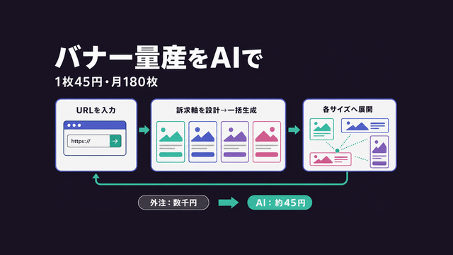 URL入力から訴求設計・一括生成・全サイズ展開まで、AIでバナーを低コスト量産する流れを示した構造図サムネイル