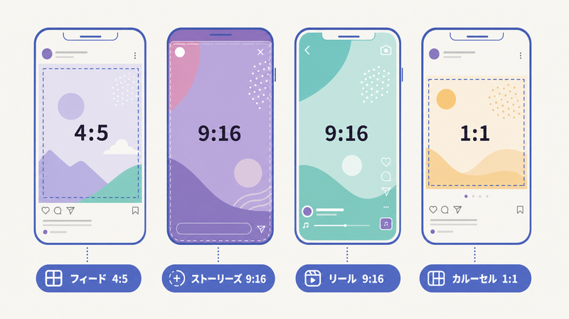 Instagram広告の主要4配信面とアスペクト比を比較した概念図
