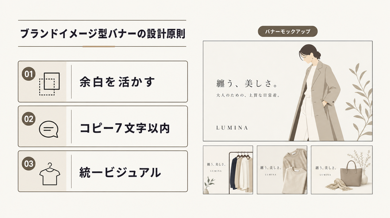 ブランドイメージ型バナーの設計3原則(余白・短コピー・統一ビジュアル)を示す図