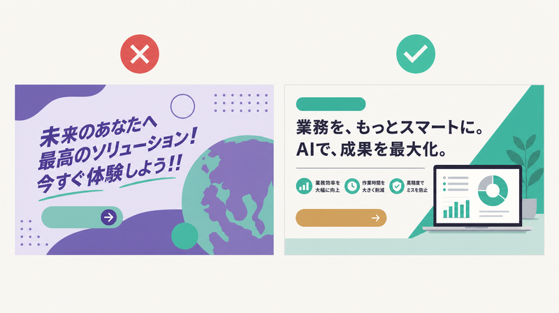 海外テイストと日本市場向けのバナーを比較した対比図