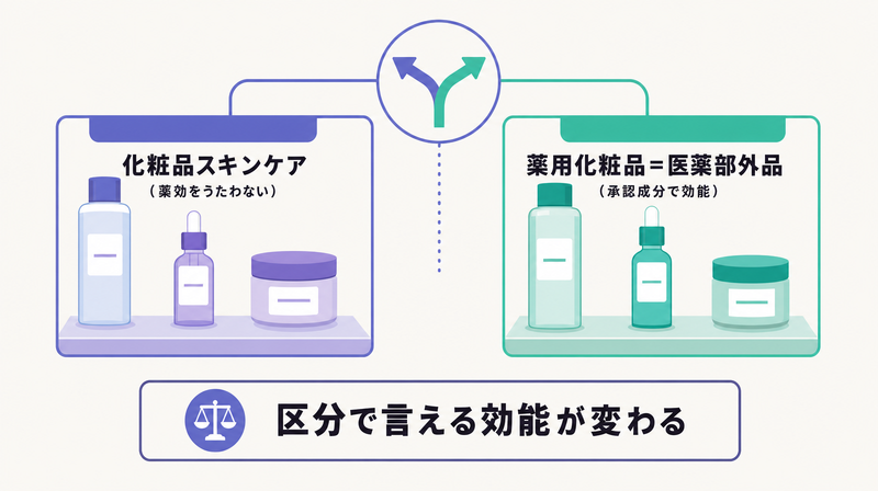 化粧品スキンケアと薬用化粧品で言える効能が変わることを示す区分概要図