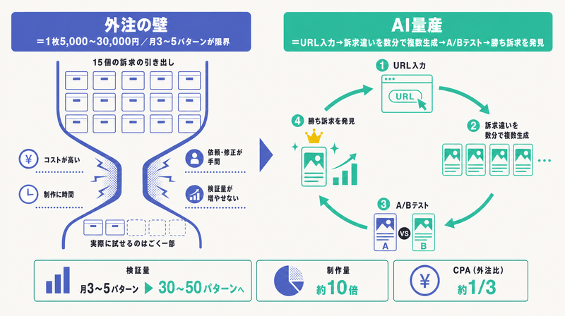 外注では月3〜5パターンが限界という検証の壁を、AI量産で月30〜50パターンへ広げA/Bテストを回すループを示すコンセプト図