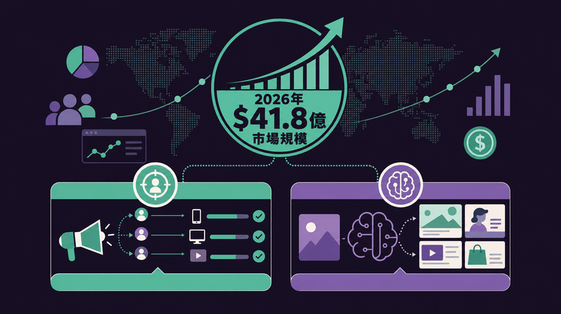 AI広告の2種類(配信最適化型と生成AIクリエイティブ型)と2026年市場規模を示す概要図