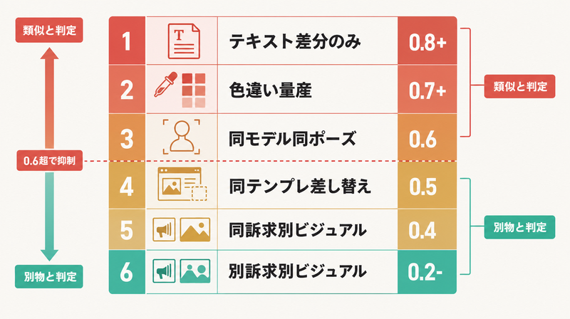 類似と判定されやすい6パターンを類似度の高低順に整理したマトリクス図