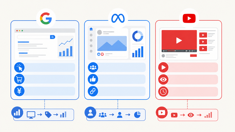 Google・Meta・YouTubeの媒体別効果測定ポイント比較概要図