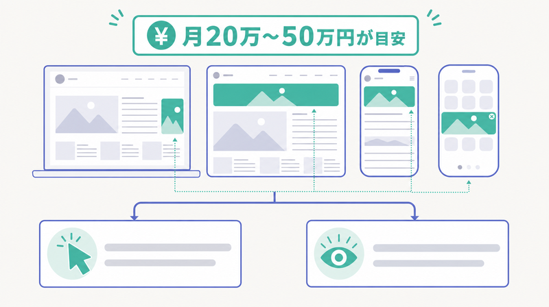 ディスプレイ広告の配信面イメージとCPC・CPM2つの課金方式を示す概要図
