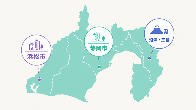 静岡県の主要3商圏（静岡市・浜松市・東部）を示す概念図