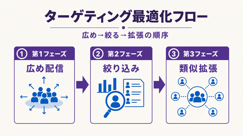 SNS広告ターゲティング最適化の3フェーズフロー図