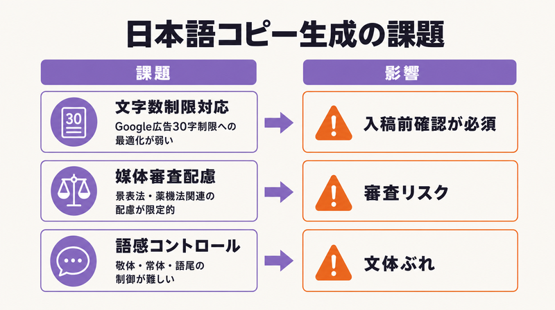 AdCreative.aiの日本語コピー生成における3つの課題の図解