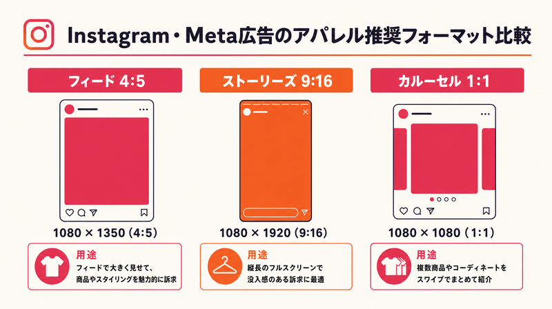 Instagram Meta広告のアパレル推奨フォーマット(フィード4:5・ストーリーズ9:16・カルーセル1:1)比較図