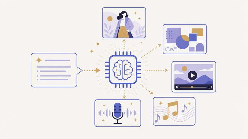 モデル・グラフィック・ムービー・ナレーション・音楽を生成AIで一気通貫に制作するフロー図