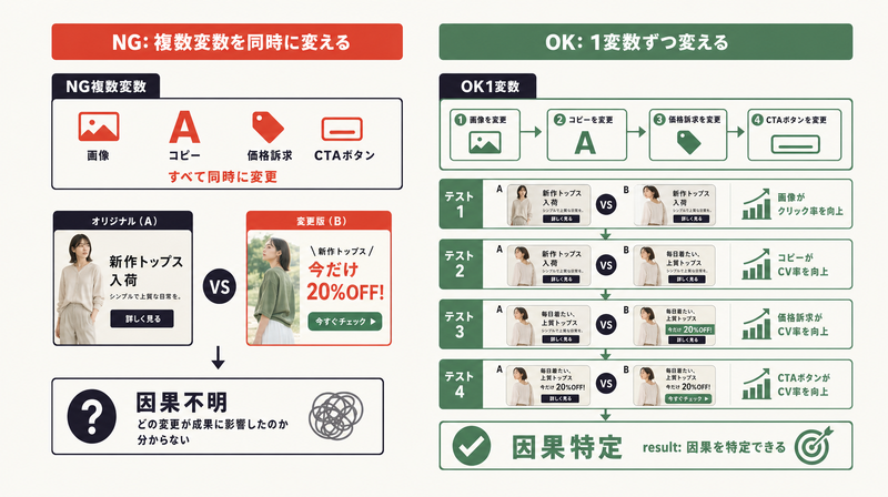 A/Bテストの1変数ずつ変える方法論(NG複数変数 vs OK1変数)の比較図