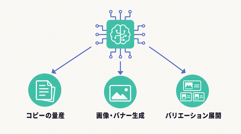コピー量産・画像バナー生成・バリエーション展開というAIができる3つを放射状に示した図