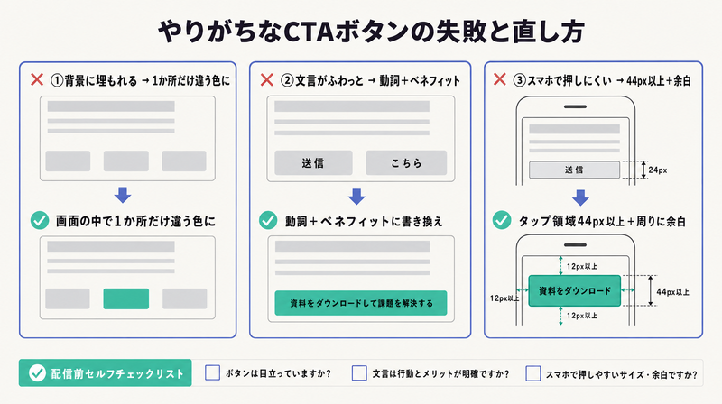 背景に埋もれる・文言がふわっとする・スマホで押しにくいという3つの失敗とその直し方を並べた図