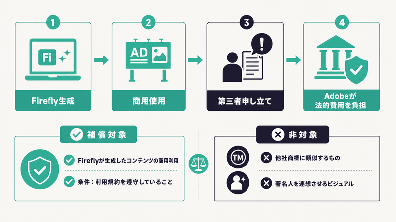 Adobe Fireflyの商用利用IP補償フローと適用条件の概念図