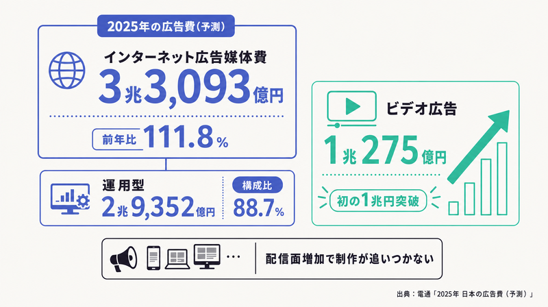 インターネット広告媒体費3兆3093億円・運用型88.7%・ビデオ広告1兆円突破を示す2025年広告費データ図