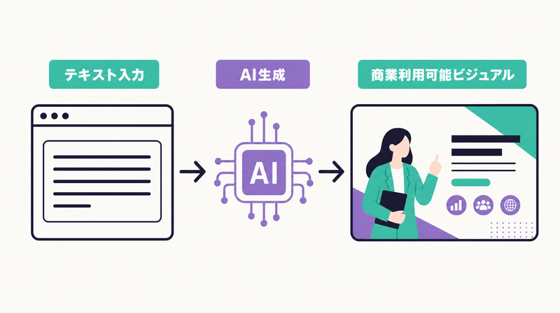 Lovartのテキスト入力から商業利用可能なビジュアル生成までのフロー図