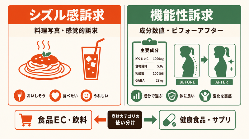 食品バナー広告のシズル感訴求vs機能性訴求の2軸比較図