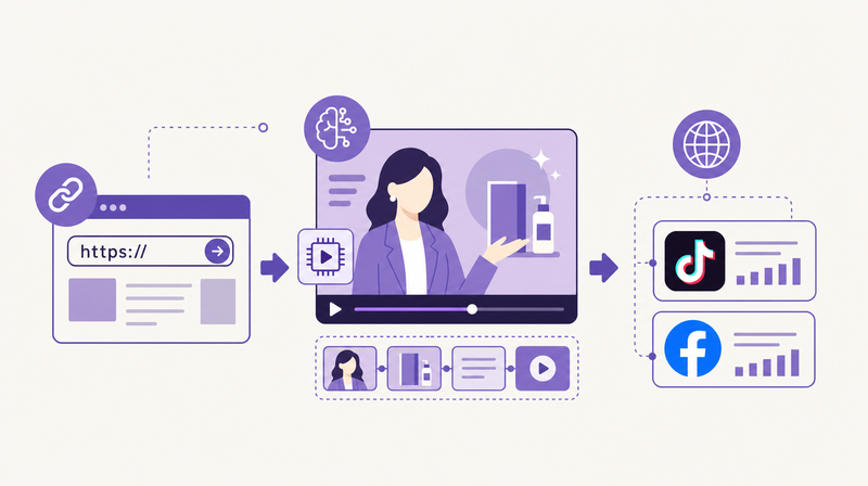 CreatifyのURL→動画広告自動生成フロー。AIアバターとUGC風動画の生成イメージ