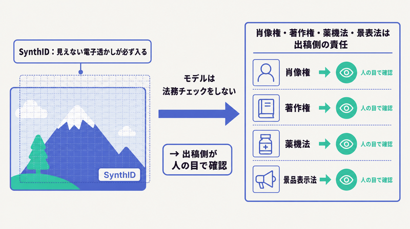 生成画像に必ず入るSynthID透かしと、肖像権・著作権・薬機法などの確認は出稿側の責任であることを示す図