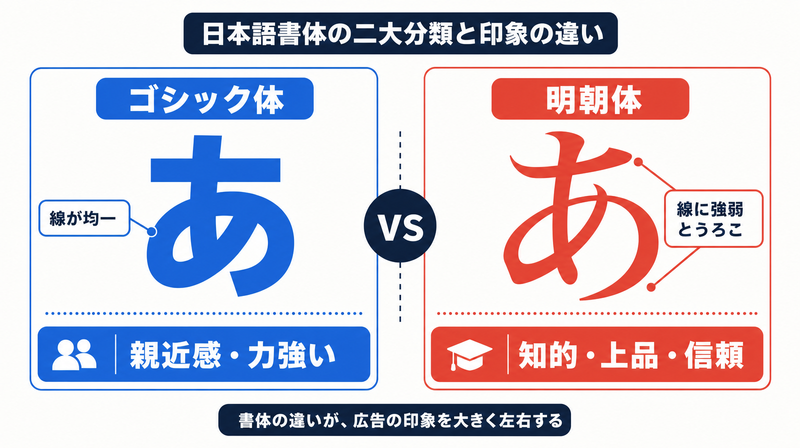 ゴシック体と明朝体の字形と印象の違いを対比した概念図