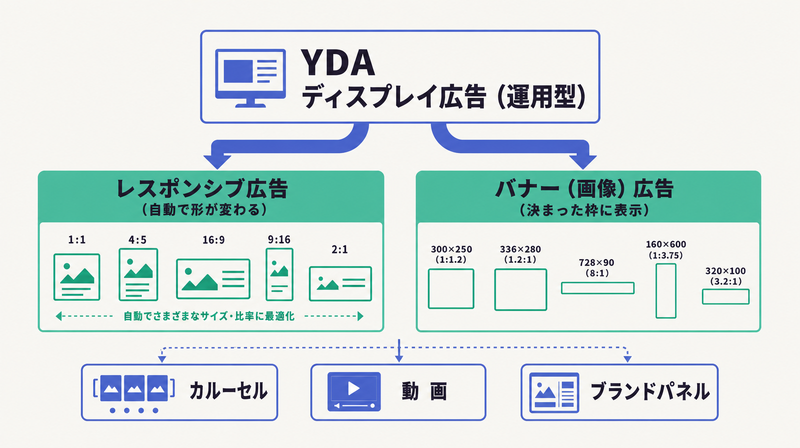 YDAの広告タイプをレスポンシブ広告とバナー画像広告の2大タイプに分け補助タイプも並べた全体像の図