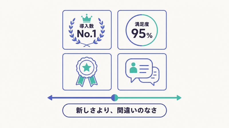 実績表示・受賞マーク・お客様の声など日本の広告で安心と信頼を示す表現を並べた図