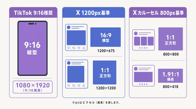 TikTok（9:16縦型推奨）とX広告（1200px基準・カルーセル800px基準）のサイズ体系を示す図