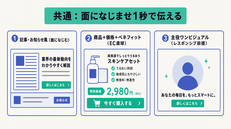 記事お知らせ風・商品価格ベネフィット直球・主役ワンビジュアルというYDAで伸びる3つの設計パターンを3カラムで示した図