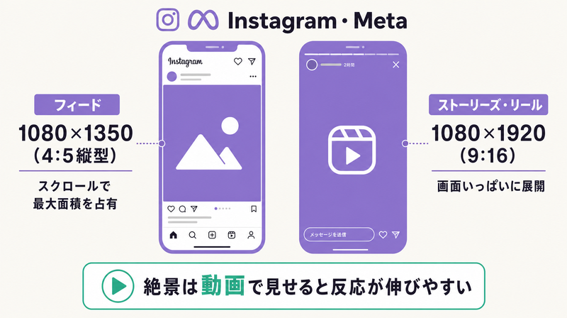 フィード1080×1350とストーリーズ1080×1920を実寸比で並べ動画推奨を添えたInstagram・Metaのサイズ設計図