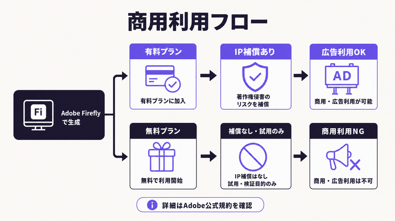 Adobe Fireflyの商用利用における有料プランと無料プランの分岐フロー図
