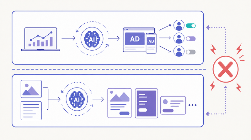 AI広告運用が運用の自動化と制作の自動化の2レイヤーに分かれることを示す概念図