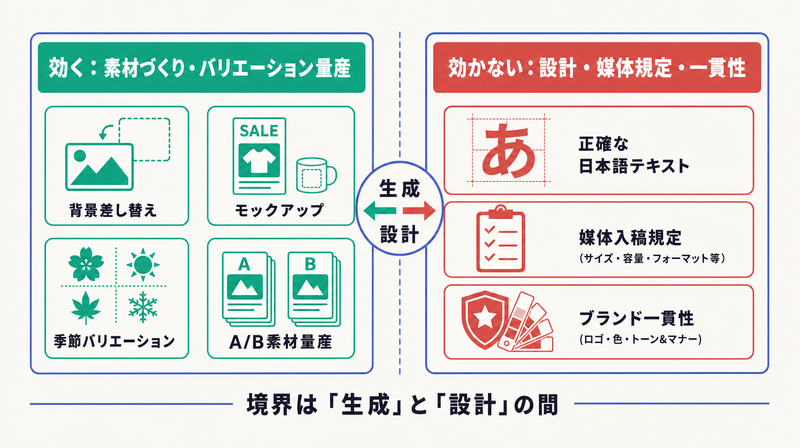 素材づくりやバリエーション量産では効き、設計や媒体規定・一貫性では効かないという画像生成モデルの境界を示す図