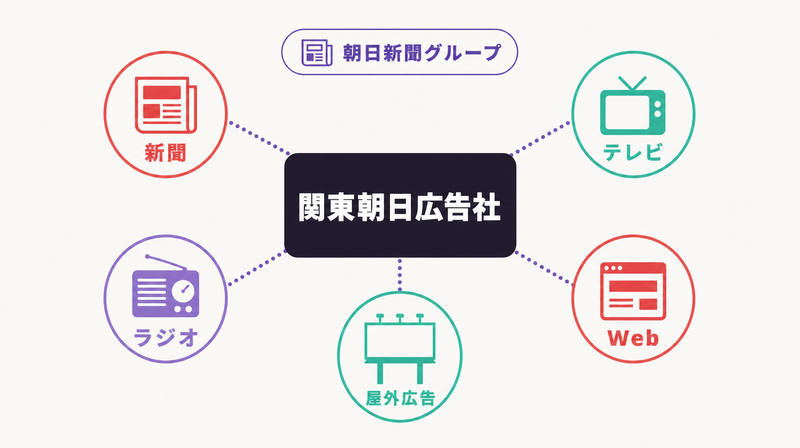 関東朝日広告社のクロスメディア5媒体(新聞・テレビ・ラジオ・Web・屋外広告)ネットワーク図
