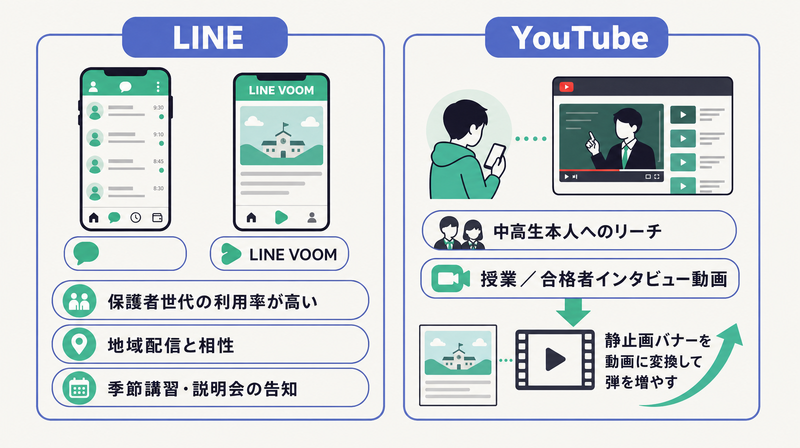 LINEの保護者リーチとYouTubeの生徒本人リーチ・動画変換を示す塾広告の配信設計図