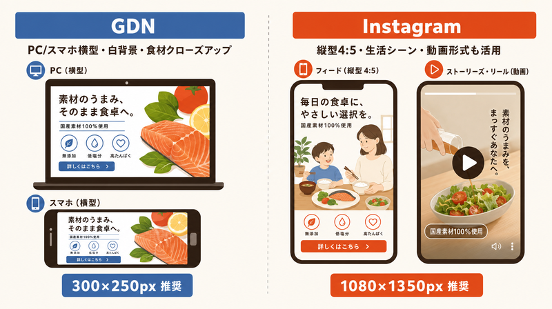 食品バナー広告の媒体別設計比較(GDN vs Instagram)