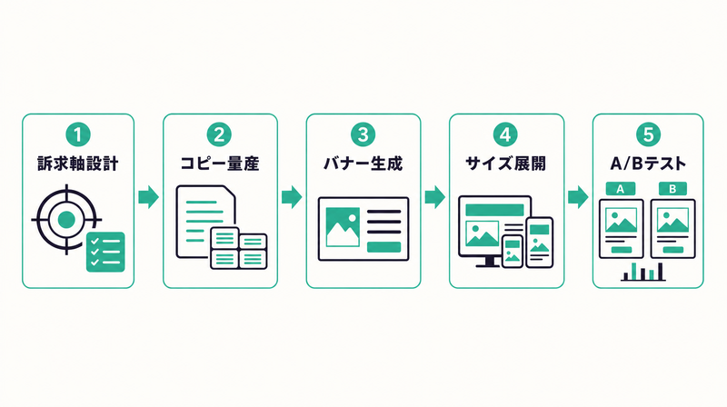 ChatGPT+Taskyを使った広告制作5ステップフロー図