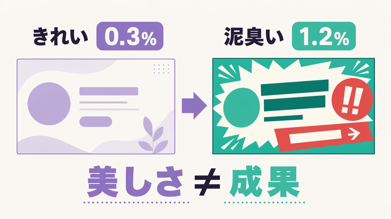 きれいなバナー（CTR0.3%）と泥臭いバナー（CTR1.2%）の逆説を示す対比図