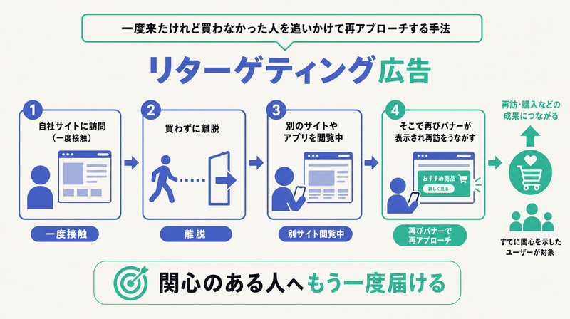 訪問・離脱・別サイト閲覧・再アプローチという流れで再訪をうながすリターゲティング広告の位置づけを示すコンセプト図