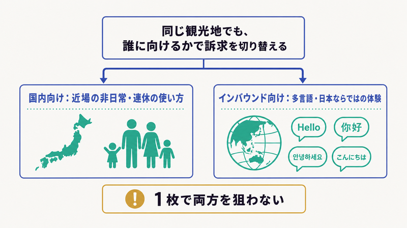 国内向けとインバウンド向けで訴求を切り替え1枚で両方を狙わないことを示す旅行広告の設計図