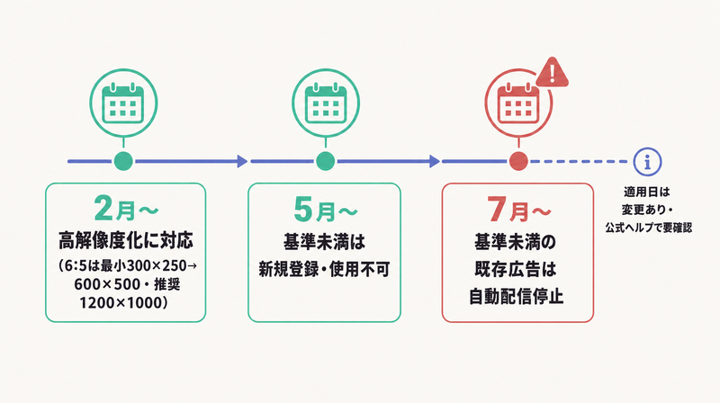 2026年2月の高解像度化対応・5月の新規使用不可・7月の既存広告自動配信停止というYDAの変更スケジュールを示すタイムライン図