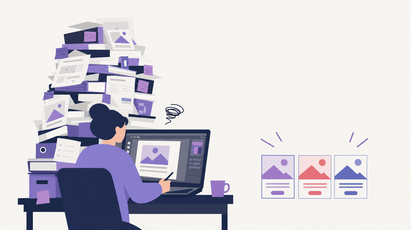 Canvaで大量バリエーション生成に時間がかかることを示すイラスト