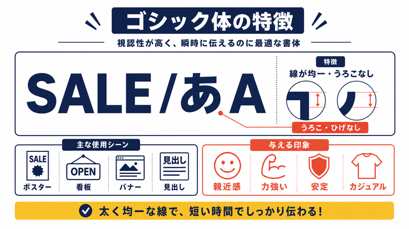 線が均一でうろこのないゴシック体の見本と、親近感・力強さという印象を示した図
