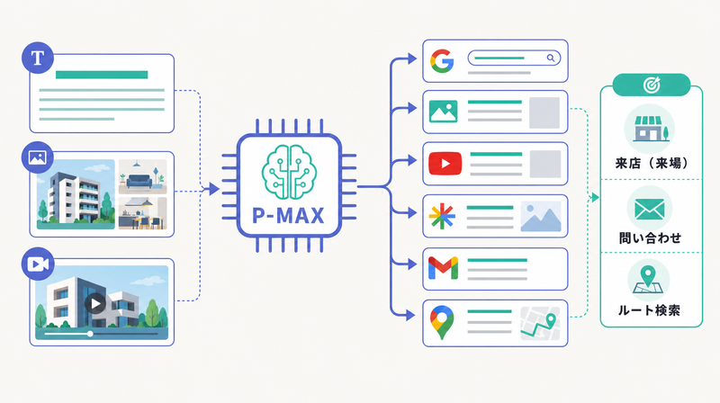 Google P-MAXがアセットから6配信面へ展開し来店・問い合わせを目標にできる仕組みを示す図