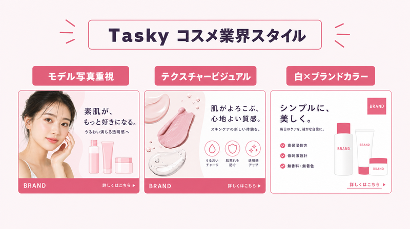 Taskyのコスメ業界スタイル3パターン(モデル写真重視・テクスチャービジュアル・白×ブランドカラー)の比較図