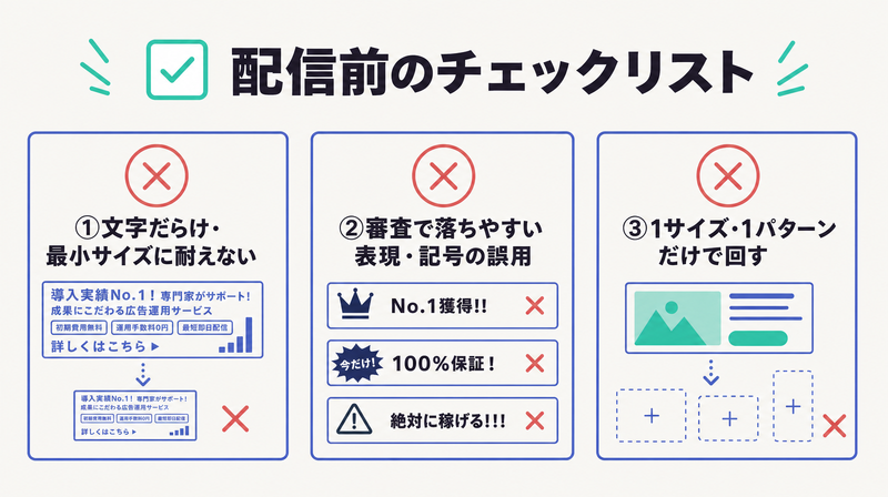 文字だらけ・審査で落ちやすい表現や記号・1サイズ1パターンというYDA広告の3つのNGを×マーク付きで並べた図