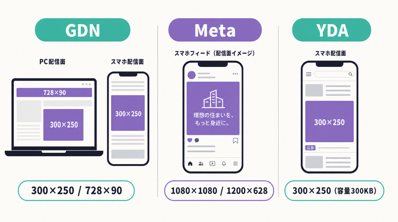 不動産バナー広告の3媒体(GDN・Meta・YDA)の主要配信面と推奨サイズ一覧